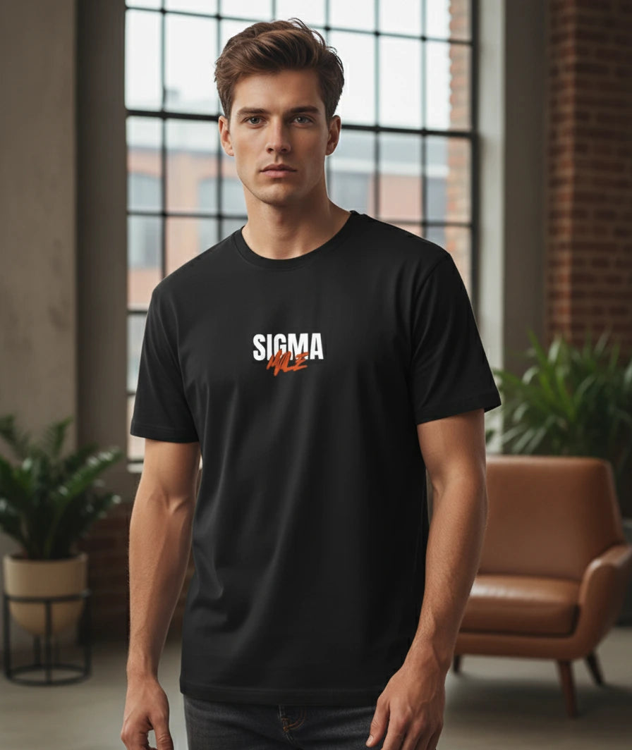 Man wearing a black t-shirt with 'SIGMA' logo indoors